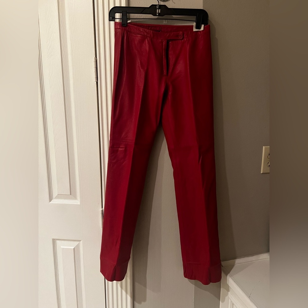 BCBGMaxAzria Women's Red Leather Straight Leg Pants